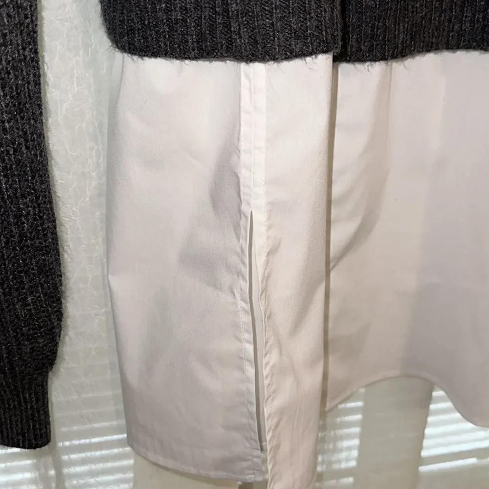Halston M Charcoal Gray White Cotton Shirt Combo Knit Mock Neck Sweater